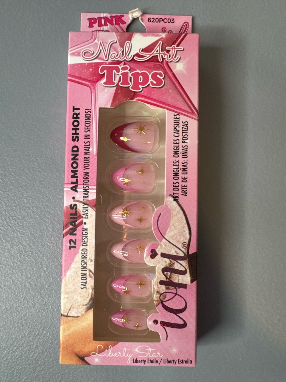 Ioni Star Pink Almond Press-On Nails with Gold Star Accents celestial galaxy